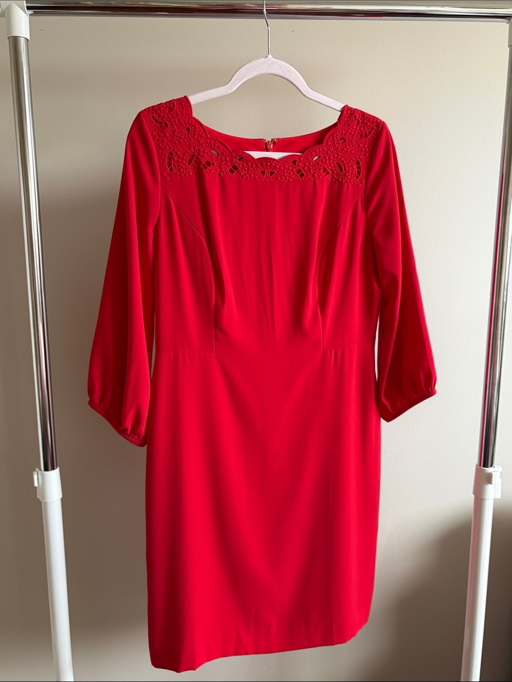 Talbots Red Long-Sleeve Lace Yoke Sheath Dress